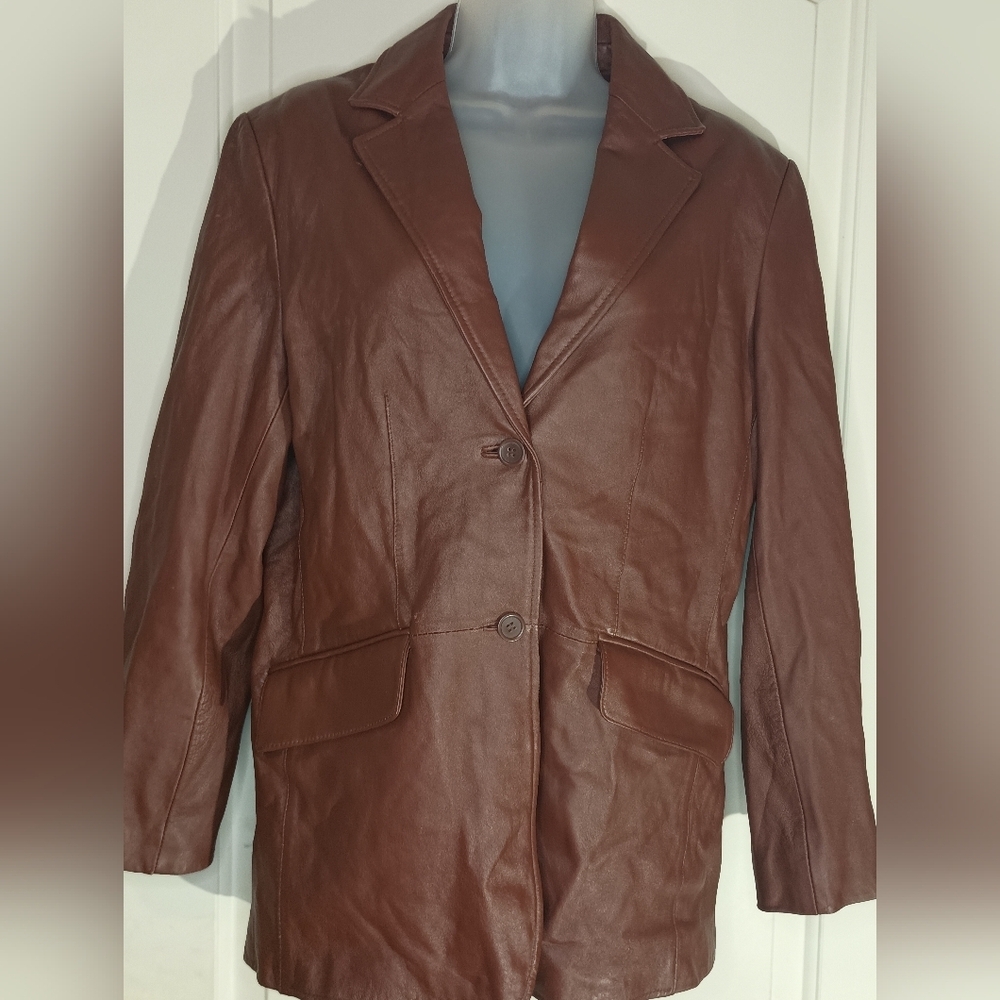 PAMELA MCCOY Vintage Winter Work Brown Office Siren Leather Jacket Blazer M